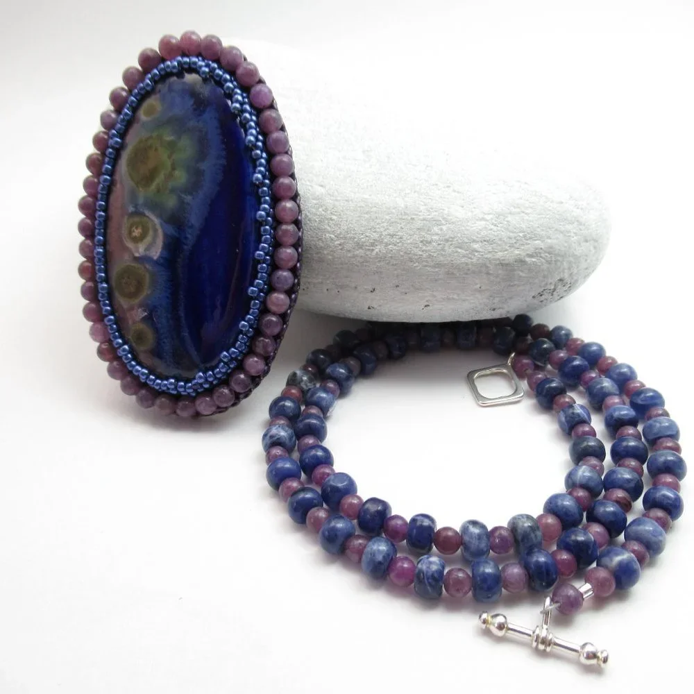 Artisan Bead embroidered cabochon on Sodalite and Lepidolite necklace